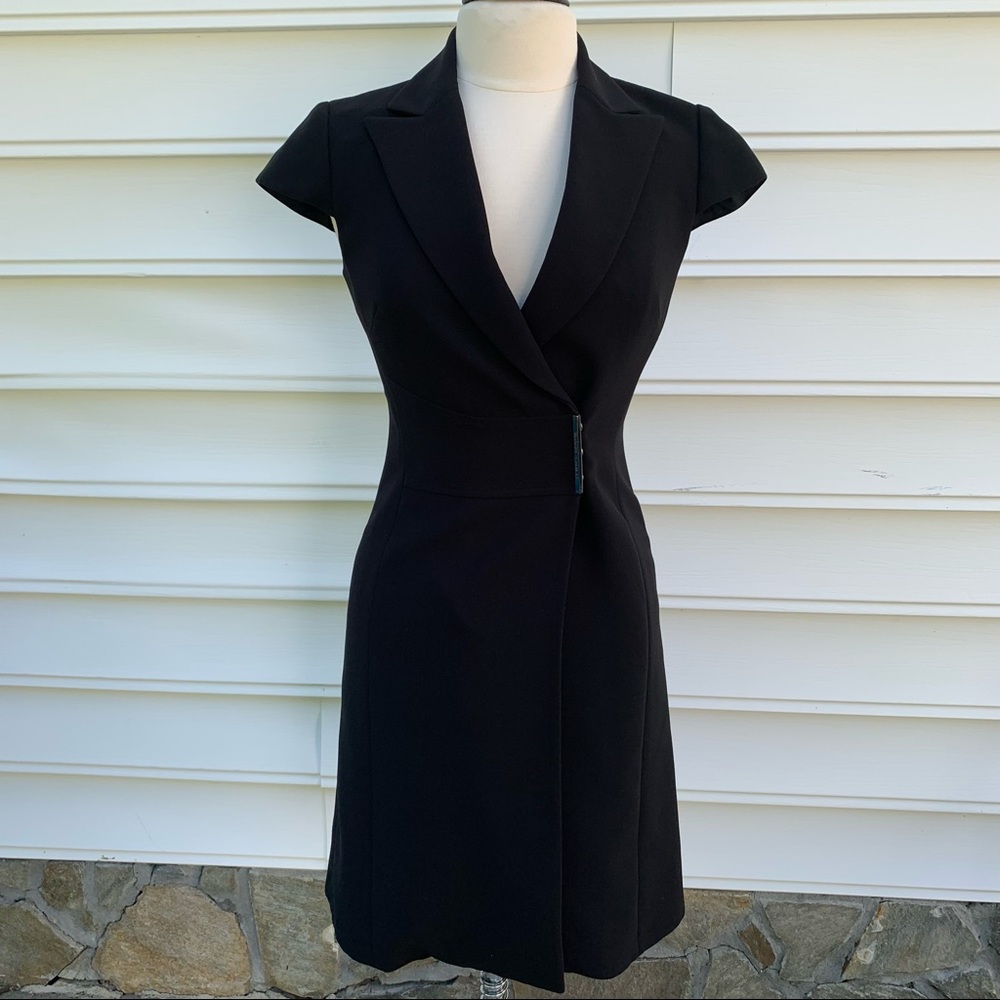 Tahari ASL Women’s 4 Black Collared Cap Sleeve Buckle Waist Wrap Business Dress